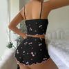 2 Pcs/Set Women Vest Shorts Suit Bow Cherry Print U Neck Sleeveless Top High Waist Short Trousers Homewear Loungewear Outfit Summer Sleepwear