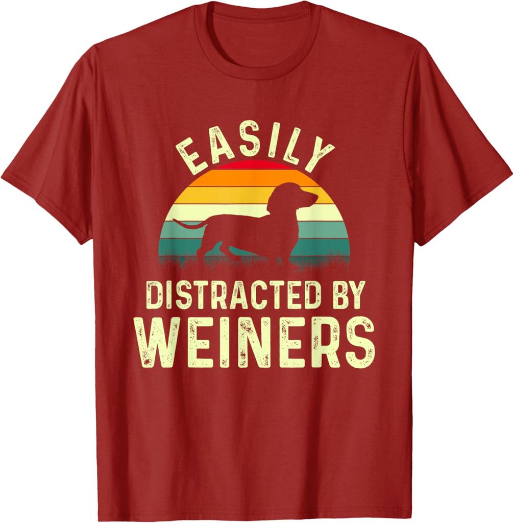Easily Distracted By Weiners Dachshund Silhouette Unisexs Graphic TShirt Casual Cotton Tee