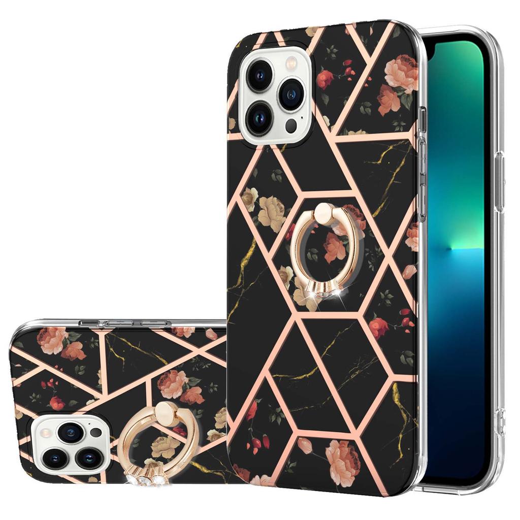 Кольцо-скоба Golden Border Grid Marble Flower IMD Ультратонкий чехол для телефона iPhone 12 12ProMax 11ProMax XSMax XR XS iPhone 7 8 SE iPhone 13 14 15