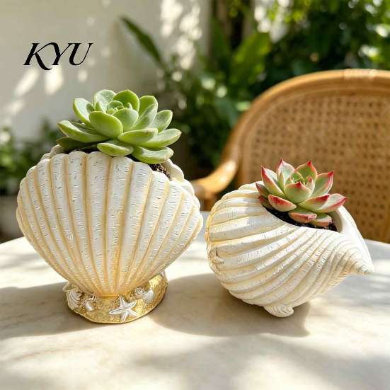 Indoor Balcony Flower Pot Seashell Conch Succulents Planter, Resin Ocean-Themed with Drainage Hole, Modern Desktop Ornament Beach Shell Planter