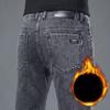 Зимние флисовые толстые теплые джинсы мужские облегающие прямые эластичные джинсовые брюки повседневная мужская одежда модные плюшевые брюки