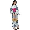RAVIR Yukata Monochrome White with Floral Bold and Powerful Fluffy Obi and Geta One Size Fits All Women's 3-Piece Set, Design, Kimono, Belt, Sandals,