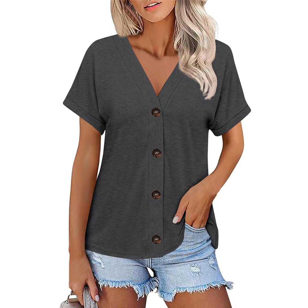 Women's Fashion Short-sleeved V-neck Solid Color Top Casual Button T-shirt