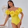 2024 New Vintage 3D Flower Decor Yellow One Piece Swimsuit  Swimwear Women Beachwear Luxury Bathing Suit