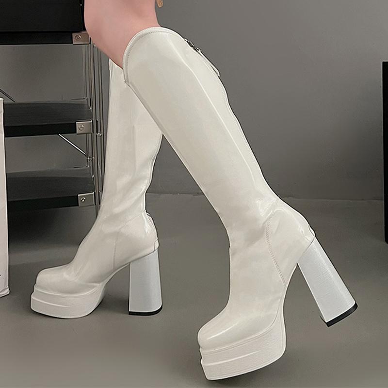 Супер высокие каблуки женские высокие сапоги на платформе до колена сексуальные туфли модные зимние кожаные мотоциклетные сапоги 2024 тренд готика запатос