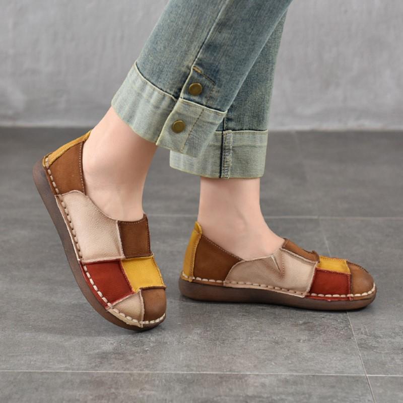 Johnature Ретро натуральная кожа смешанные цвета мягкая подошва слипоны универсальные круглый носок туфли на плоской подошве