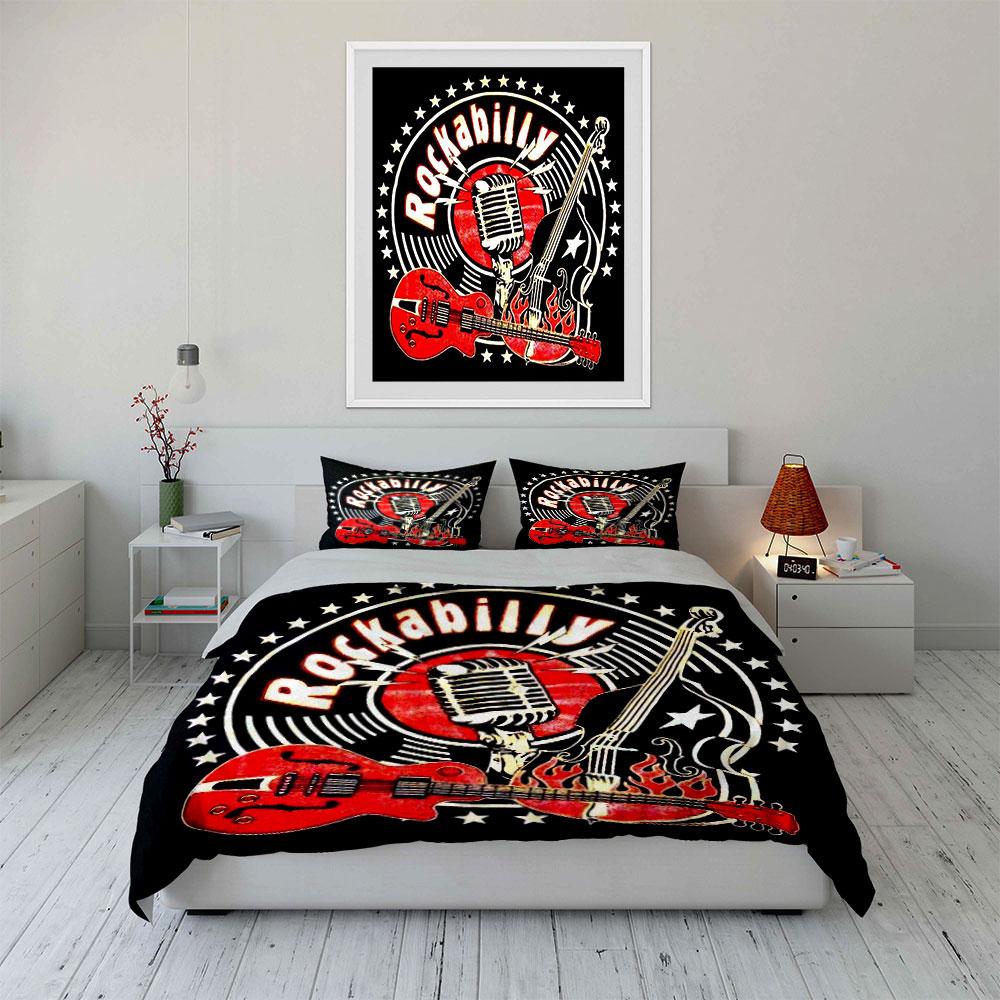 Rockabilly Music Retro Design Bedding Duvet Cover Set Duvet Cover Pillowcases (1*Duvet Cover 2*Pillowcases, without duvet insert)
