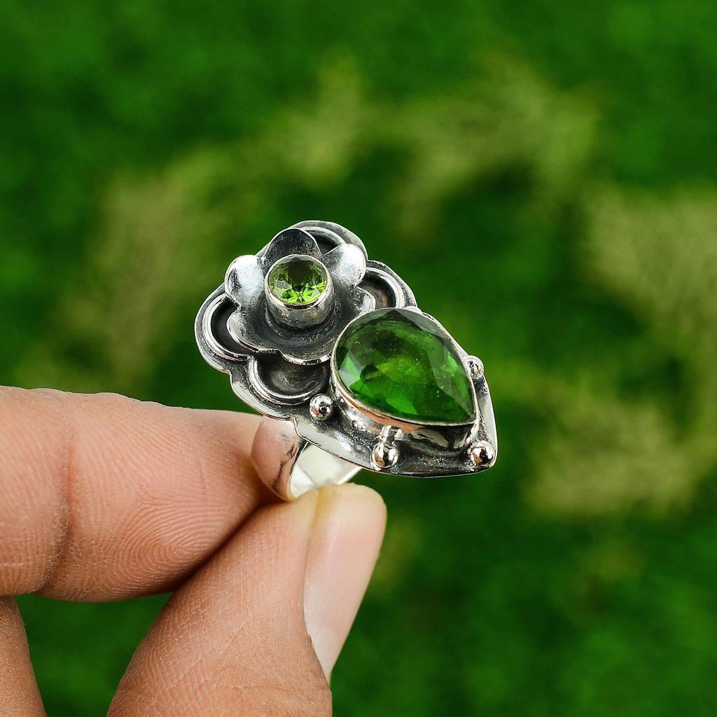 Gift For Women Promise Flower Ring Size 6.5 925 Silver Natural Chrome Diopside