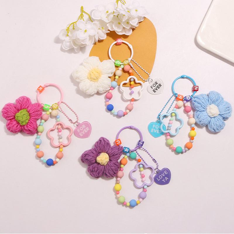 Cartoon Wool Knitted Flowers Key Chains Beaded Wristlet Lanyard Bracelet Keyring For Women Girl Bag Pendant Charms Keychain Gift