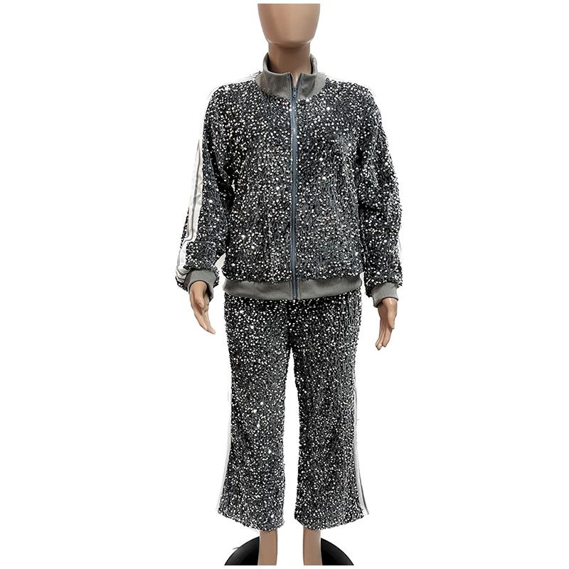 Модный комплект из 2 предметов с пайетками, женская куртка с длинным рукавом на молнии в полоску, пальто и прямые брюки, женский комплект одежды для вечеринок и клубов, весна 2025 г.