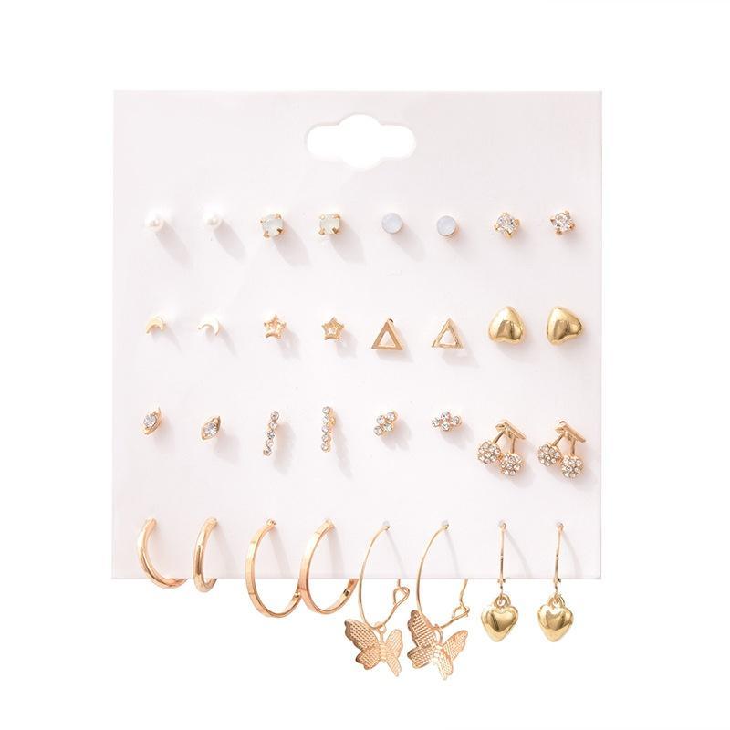 16 пар/компл. женские серьги-гвоздики, жемчужные серьги для женщин, богемные модные украшения, серьги-гвоздики с геометрическим кристаллом и сердцем, новинка