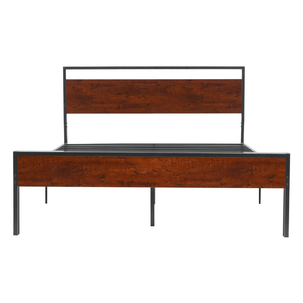 Queen Size Bed Frame, 35 cm Black Metal Platform Bed Frame with Retro Brown Wooden Headboard and Footboard, Large Under-Bed Storage, Non-Slip Without