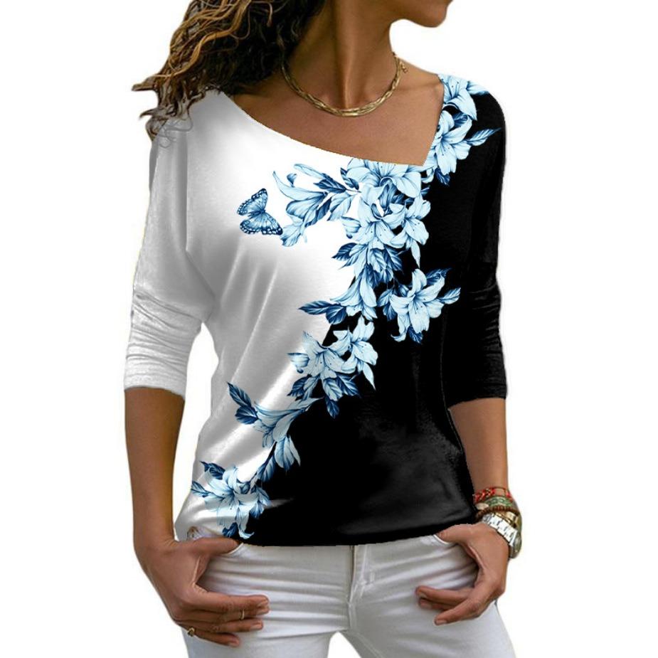 Футболки с косым воротником, длинный рукав, цифровая модная принтованная косая горловина, женская повседневная футболка для женщин