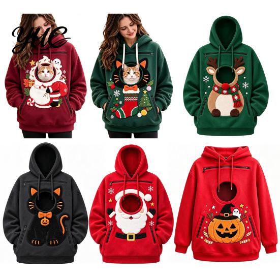 Cat Carrying Sweatshirt Unisex Pet Pouch Christmas Hoodie, Cute Dog Carrier Hooded with Cozy Fleece Pocket Graphic, Lined Animal Holder Pullover Top