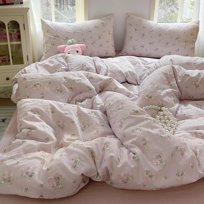 G5Z25 Jacquard Four-Piece Nude-Sleep Bedding Set with Cloud-Feel Double-Layer Gauze  for Girls, Includes Duvet Cover and Fitted Sheet