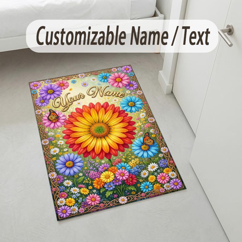 Floral Garden Art Theme Soft Crystal Velvet Rug Custom Name & Text Print Non Slip Floor Rug for Bedroom Living Room