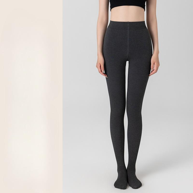 Spring Autumn Winter Women's Gray Vertical Stripe Fleece Lined Thick Warm Outer Wear Pantyhose & Black Compression Slimming Leggings