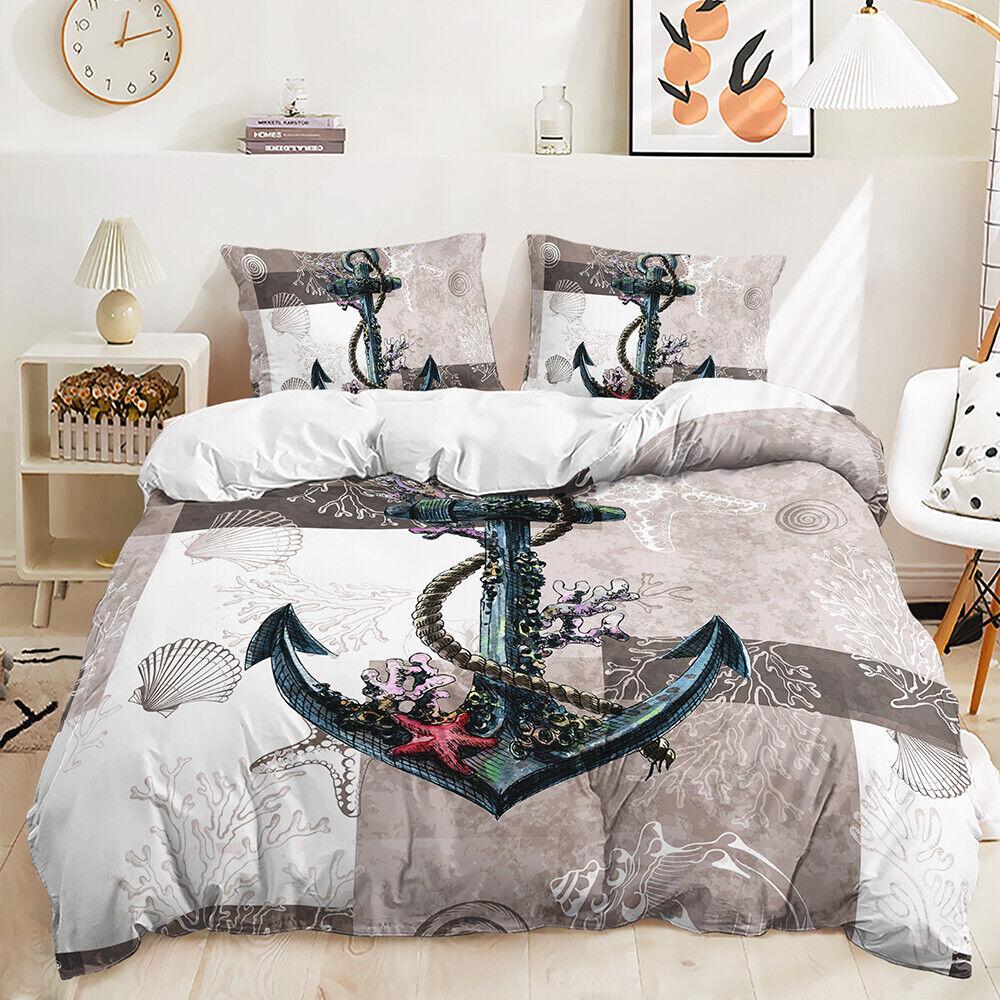 Marine Life Ocean Turtle Sea Dolphin Fish Anchor Doona Duvet Quilt Cover Bed Set