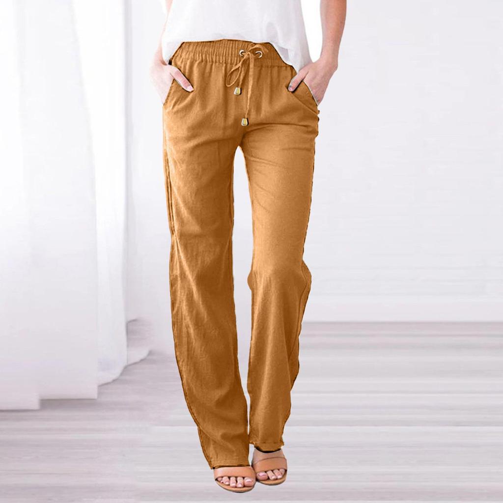 Spring and Summer Women's Solid Color Cotton and Linen Drawstring Loose Casual Wide-leg Trousers