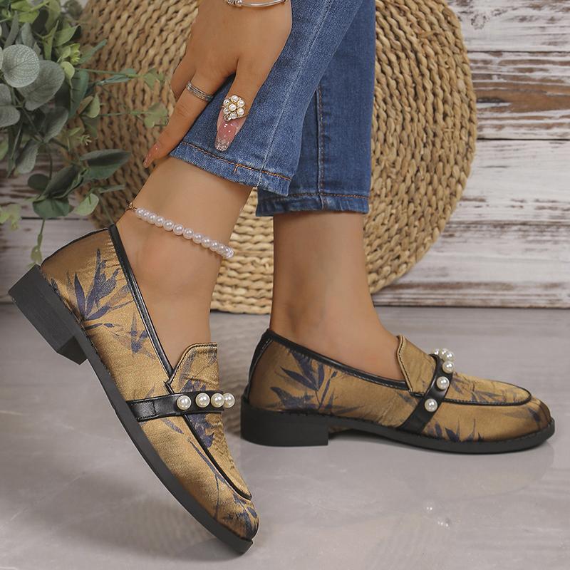 Большие размеры, жемчужный декор, плоские туфли для женщин 2025 года, модные весенние лоферы с принтом, женские легкие удобные туфли для офиса 43
