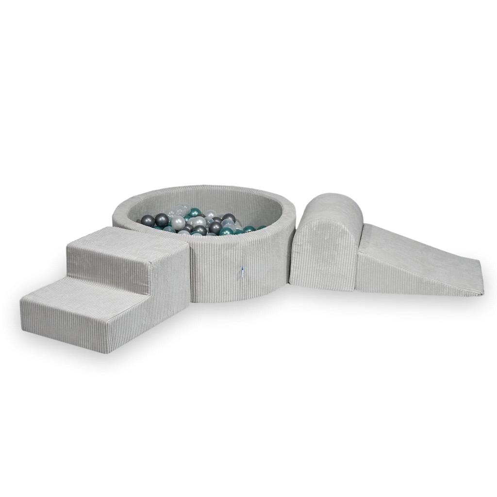 Foam Playground with Pool 90x30 Corduroy Gray 200 Balls: Transparent, Pearl, Silver, Metallic Turquoise