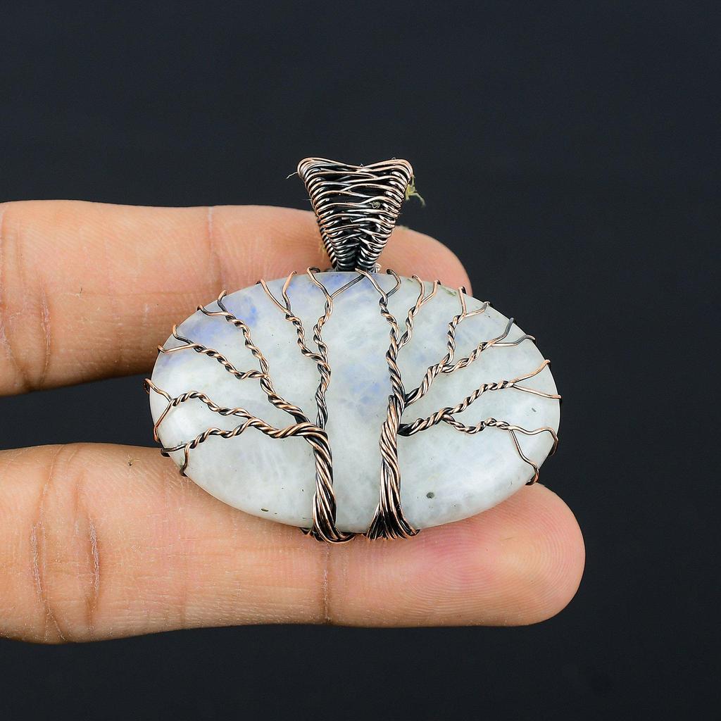 Двойное Древо Жизни Лунный Камень Драгоценный Камень Медная Проволока Обертка Кулон Ручной Работы Ювелирный Подарок