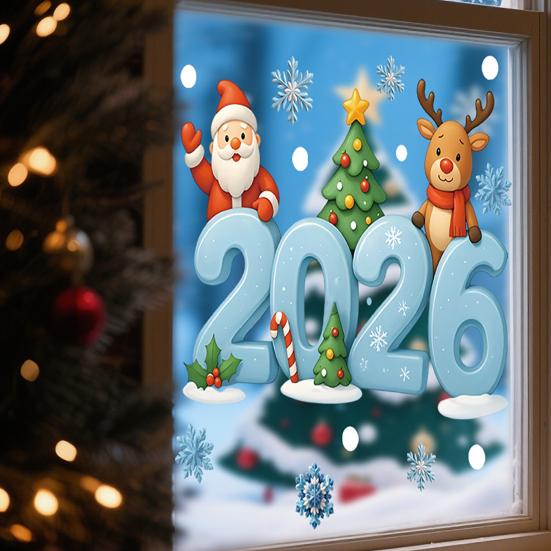2026 Christmas Window Stickers Santa Claus Snowflake Reindeer Pattern Glass Xmas Decals Holiday Decor