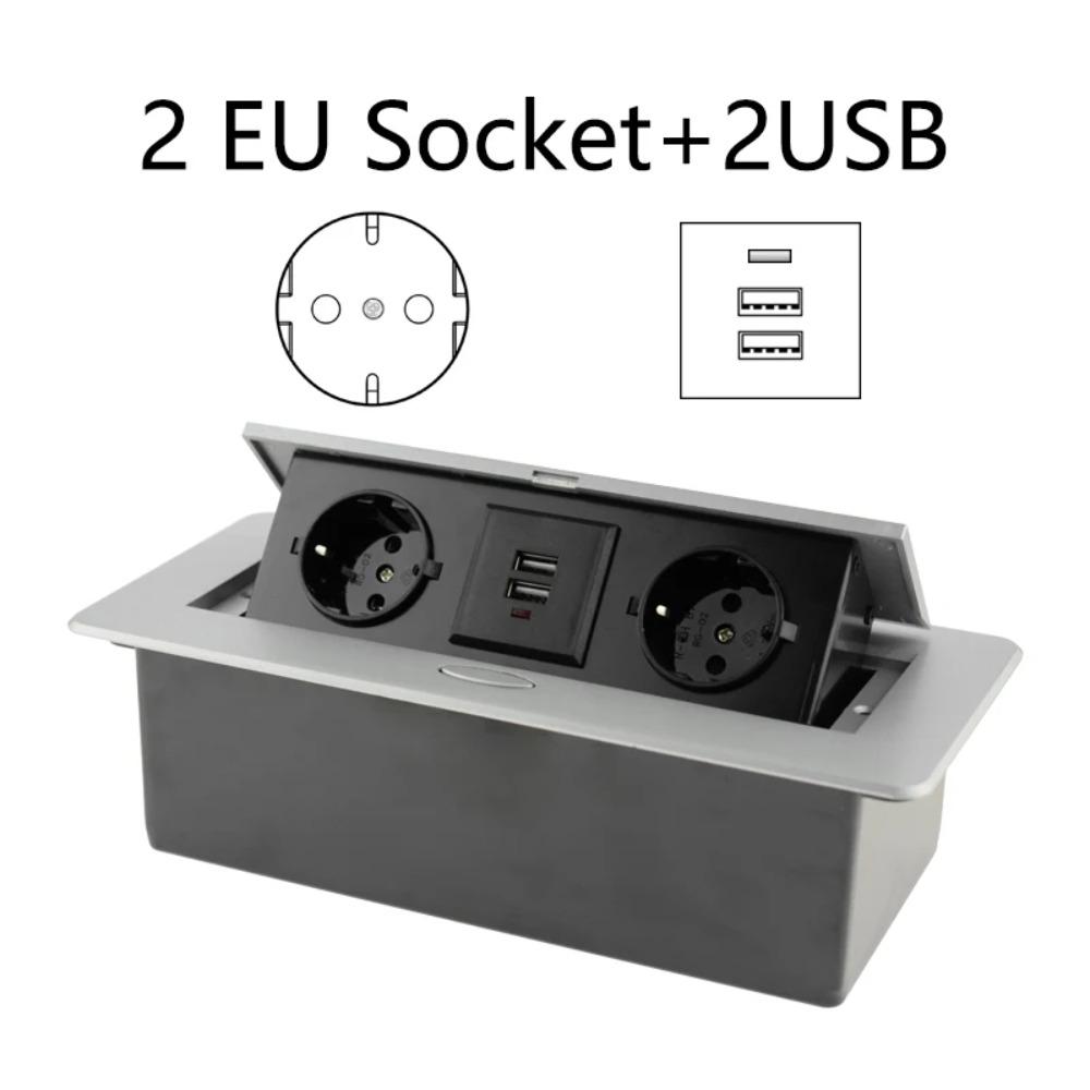 Durable EU Socket Desk Socket USB Charging 3‑Outlet Hidden Socket Slow Rise Aluminum Panel Recessed Socket Floor Recessed