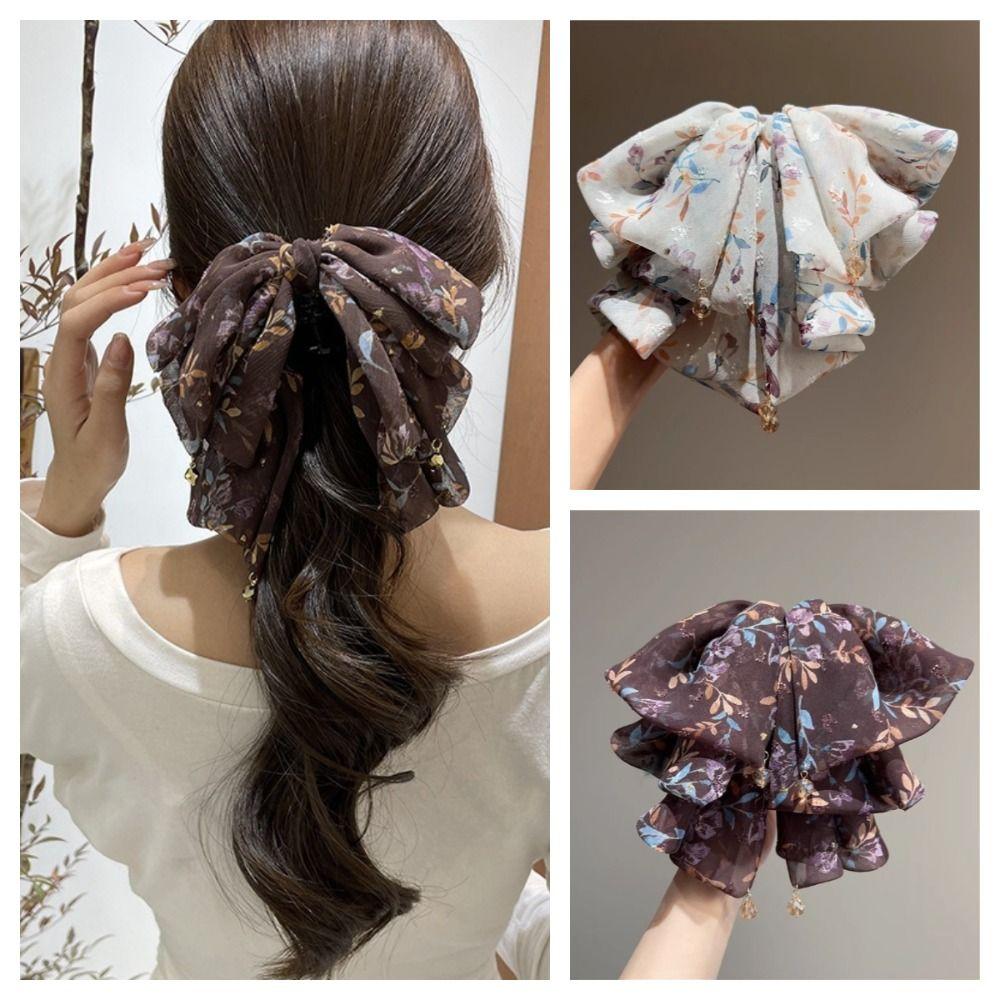 French Style Chiffon Hair Claw Large Women Hair Grab Clip Crystal Bow Shark Clip  Daily