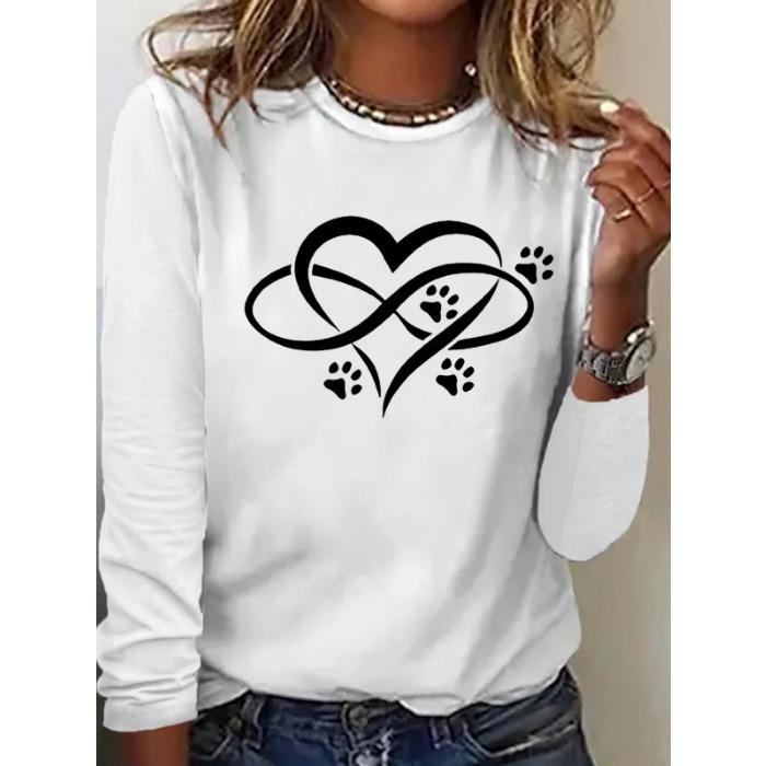 Round Neck 3D Printed Love Cat Footprint Pattern Top Fashionable Casual Long Sleeved Women's T-shirts
