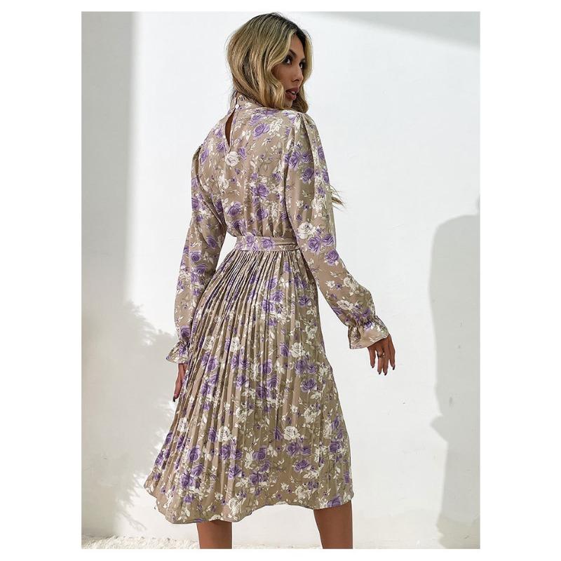 YYFS Women's Fashion Spring Fall Flower Pattern Print Long Sleeve Half Turtleneck High Waist Casual Dresses