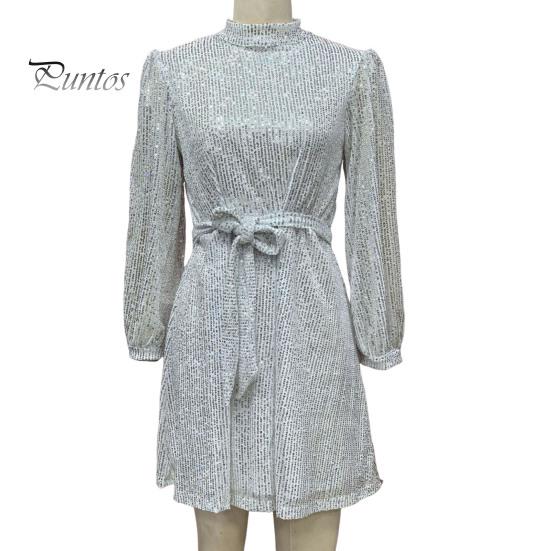 Женское платье со шнуровкой и блестками, короткое платье с круглым вырезом и длинными рукавами, однотонное весенне-осеннее платье с поясом на талии для вечеринок, свадеб, клубов, баров