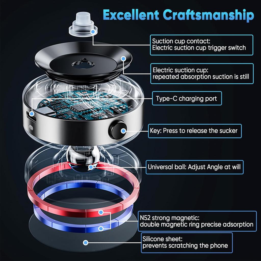 Vacuum Adsorption Car Magnetic Phone Holder 360° Adjustable Electric Suction Cup Super Magnetic Cell Phone Holder Mount for Car for Magsafe iPhone
