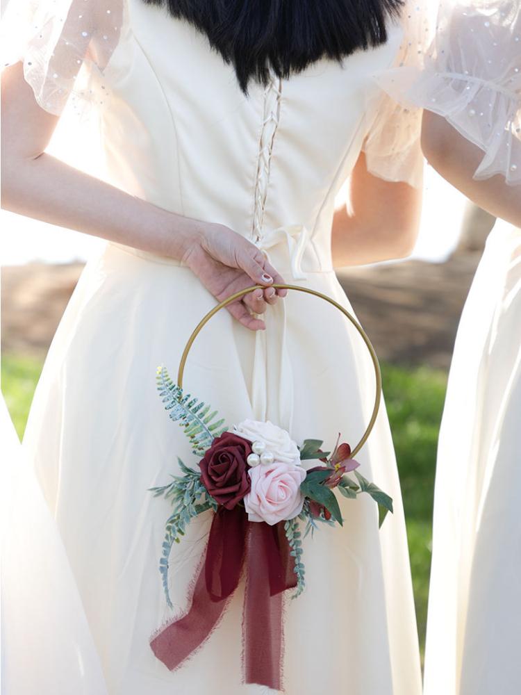 1Pc Metal Wreath Bridesmaid Handheld Wreath Artificial Garland Silk Flower Fake Flower Indoor Outdoor Decoration for Wedding Engagement Ceremony