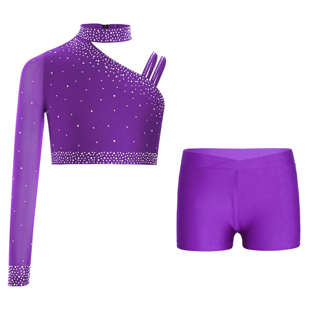 Блестящий укороченный топ для танцев со стразами для девочек: Шорты с асимметричным плечом и V-образным поясом для танцевальных выступлений