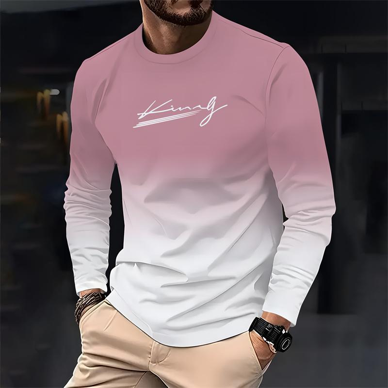 Spring and Autumn Gradient Men's Casual Loose Long Sleeve T-shirt Fashion Crewneck Polyester T-shirt Comfortable Men's Wear
