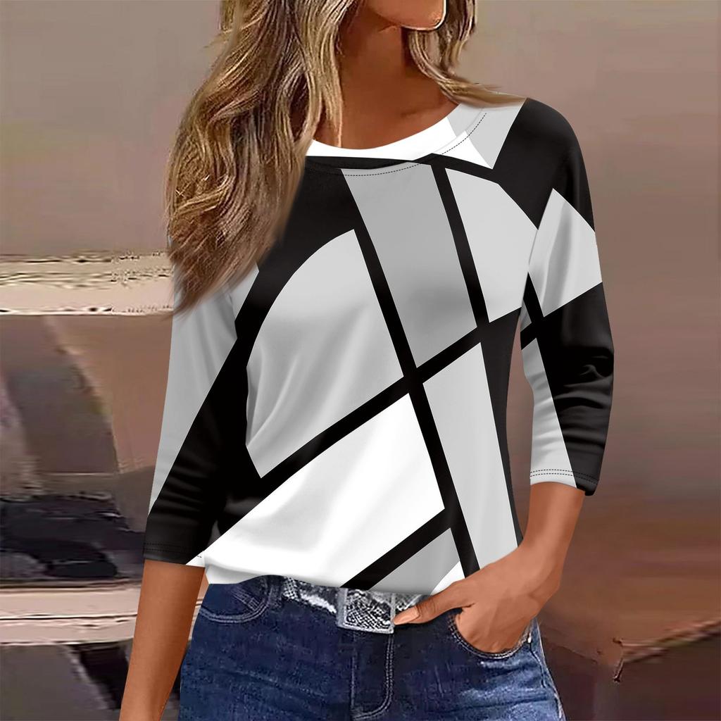 Женская футболка, модная повседневная футболка с круглым вырезом и рукавом 3/4, свободная футболка с принтом, женская футболка
