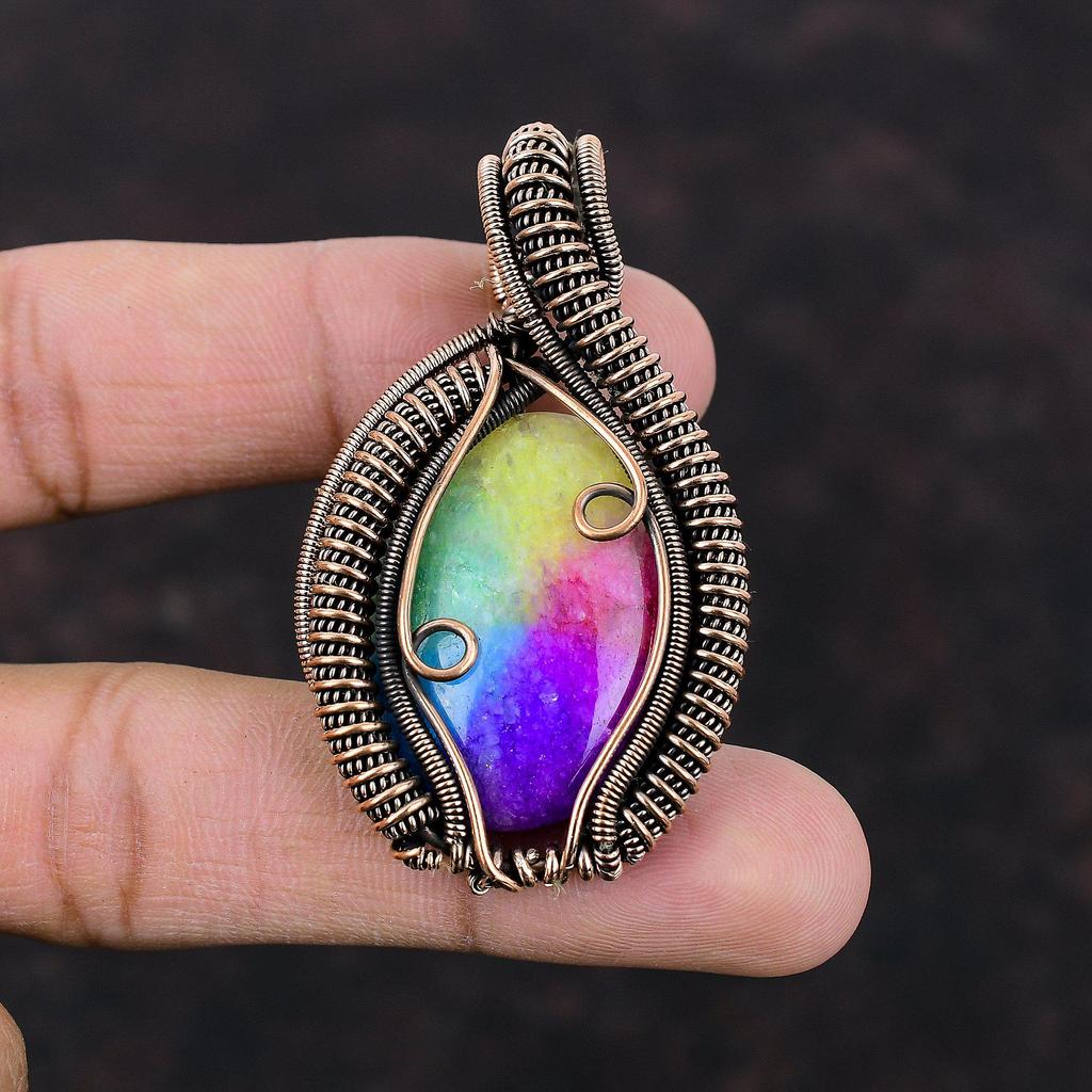 Радужный солнечный кварцевый кулон с друзами, медная проволока, кулон, ювелирные изделия в этническом стиле, кулон ручной работы, драгоценный камень, медное ювелирное изделие, подарок для сестры