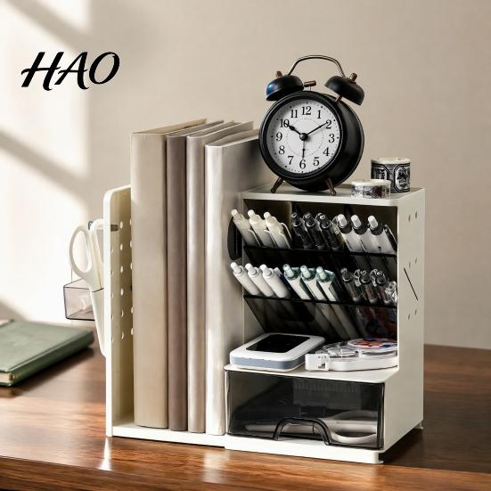 Adjustable Bookends for Book Pen Organizer with Retractable And Pegboard, Multi-Functional Angled Makeup Professional Workspace Brush Holder, Compact