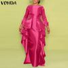 Women Large Size Round Neck Ruffled Long Sleeve Waist Satin Dresses