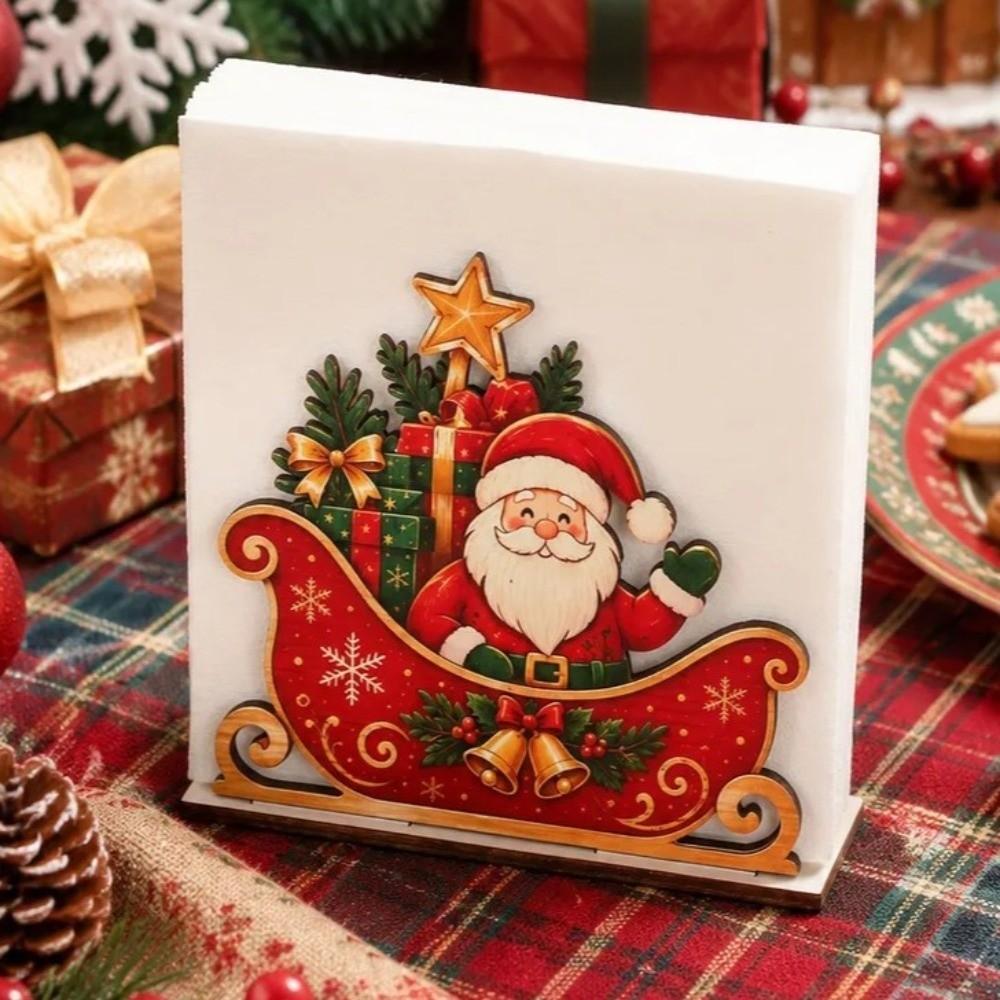 Wooden Santa Tissue Box Gift Pattern Santa Sleigh Napkin Stand Table Decor