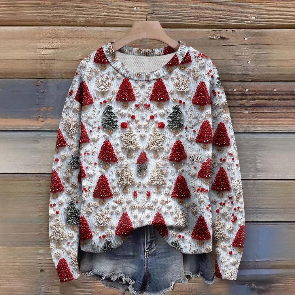 Long Sleeve Pullover Sweaters For Women O Neck Casual Cute Printing Knit Oversized Sweater