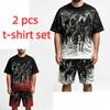 Summer Fashion Gothic Style Vintage Death Knight Printed Round Neck Short Sleeved T-Shirt And Shorts Set Men's and Women's T-shirt Shorts Set