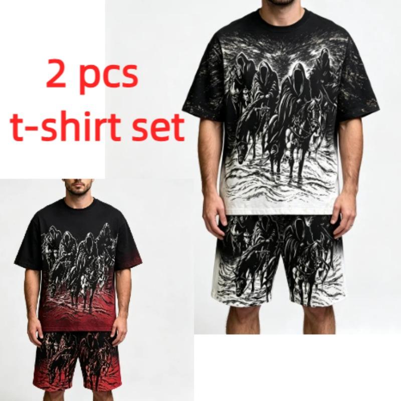 Summer Fashion Gothic Style Vintage Death Knight Printed Round Neck Short Sleeved T-Shirt And Shorts Set Men's and Women's T-shirt Shorts Set