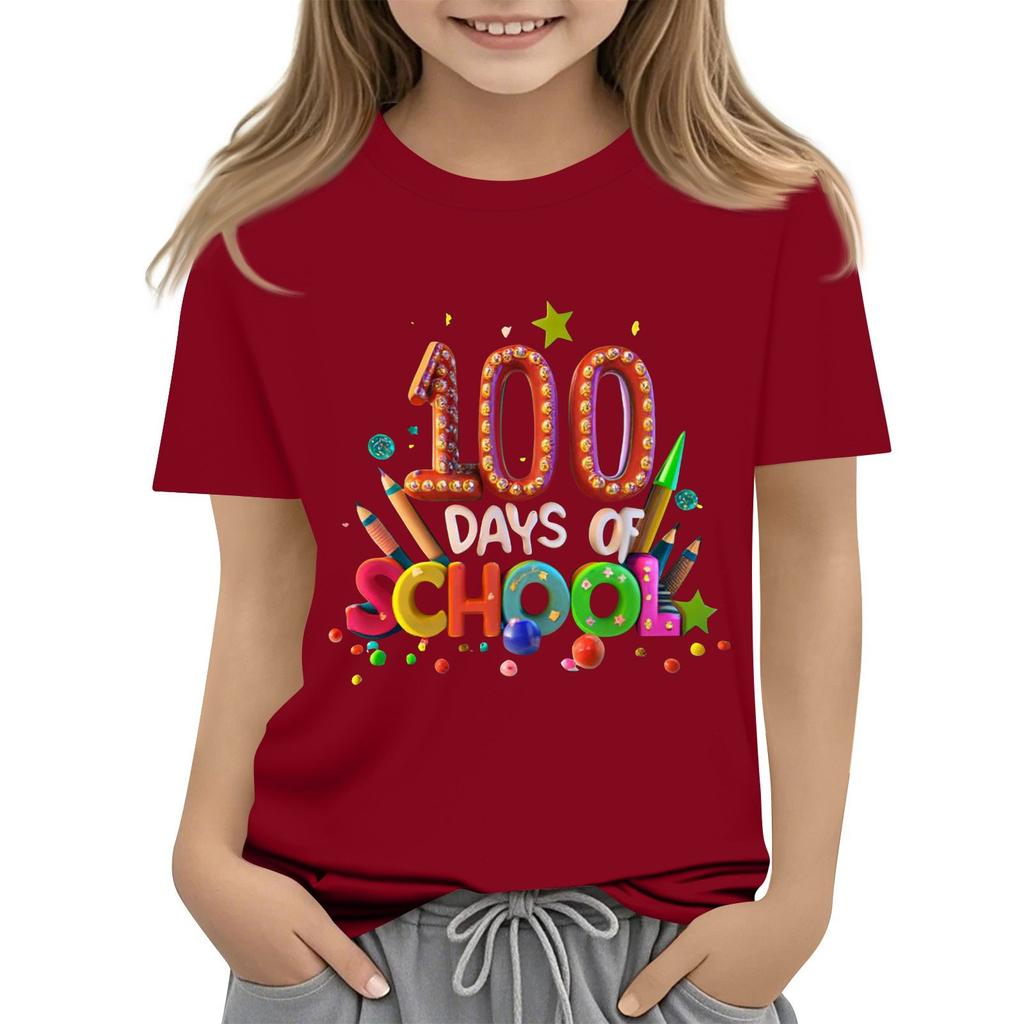 Happy 100th Day Of School Girls Boys Short Sleeve T Shirts Kids Tops Crewneck Tees