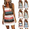 Women's Fashion Summer Loose Casual Halter Striped Printed Vest Pocket Dress