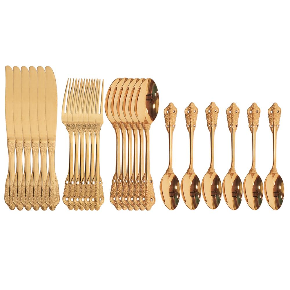 24Piece Dinnerware Set Golden Cutlery 18/10 Stainless Steel Tableware For Kitchen Dinenr Knife Fork Gold Spoon Flatware Set