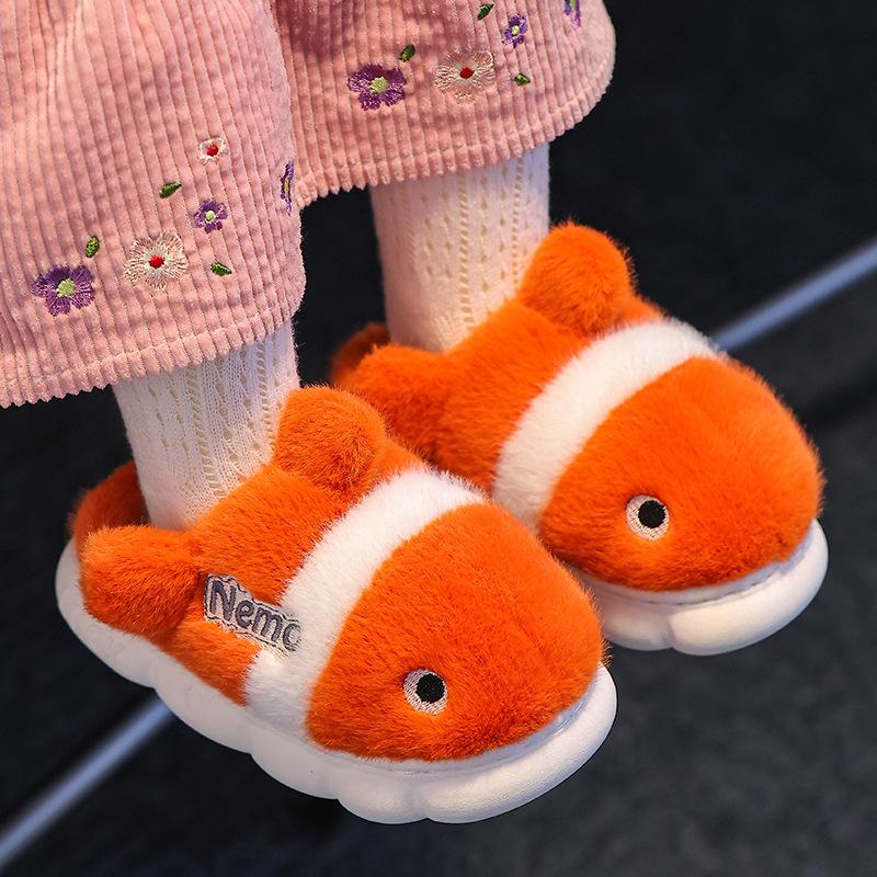 For Boy Toddler New Slippers Kids Indoor Winter Cartoon Fish Plush Warm House Footwear Soft Rubber Sole Home Shoes