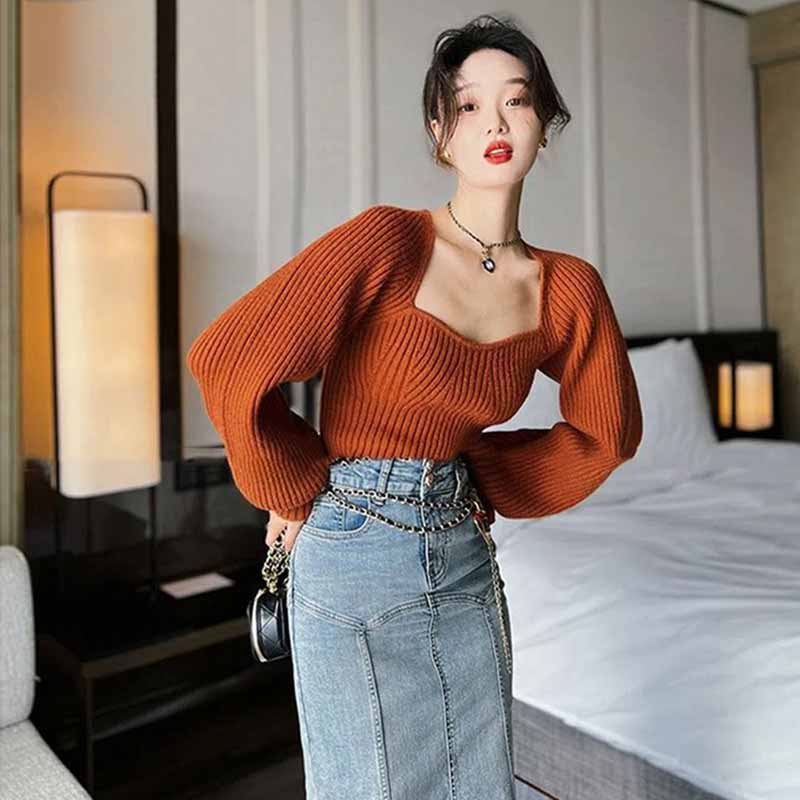 Винтажная однотонная футболка с квадратным вырезом в стиле литературы и искусства, женский осенне-зимний свободный тонкий свитер с длинными рукавами