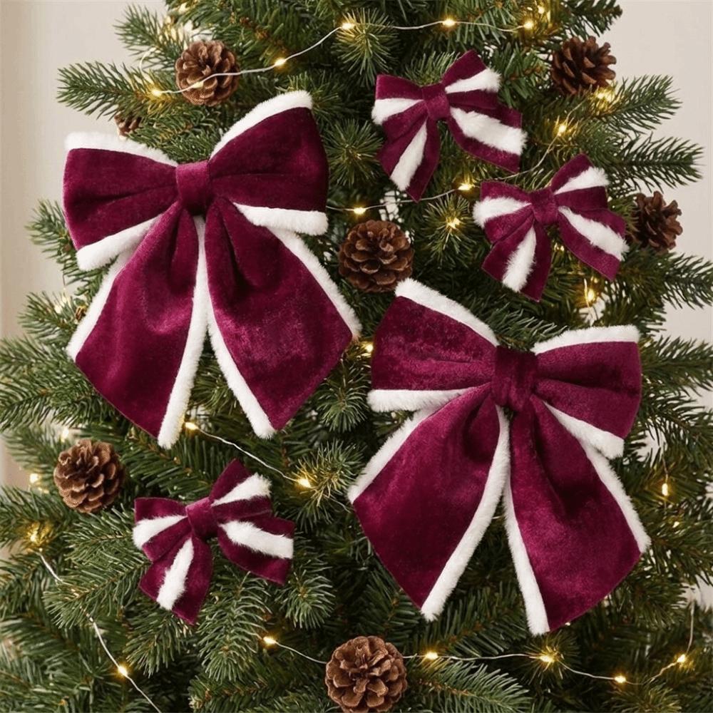 Plush White Trim Christmas Velvet Bow Delicate Xmas Bow-knot Ornament Gift Wrapping
